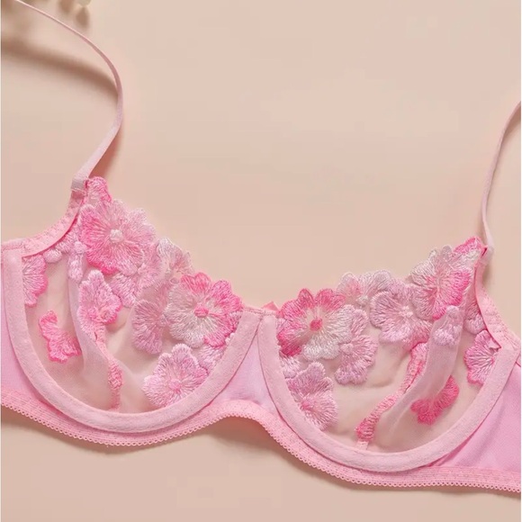 Gigi Angelic Pink Floral Embroidered Sheer Bow Bra + Panty Thong Lingerie Set - Picture 4 of 7